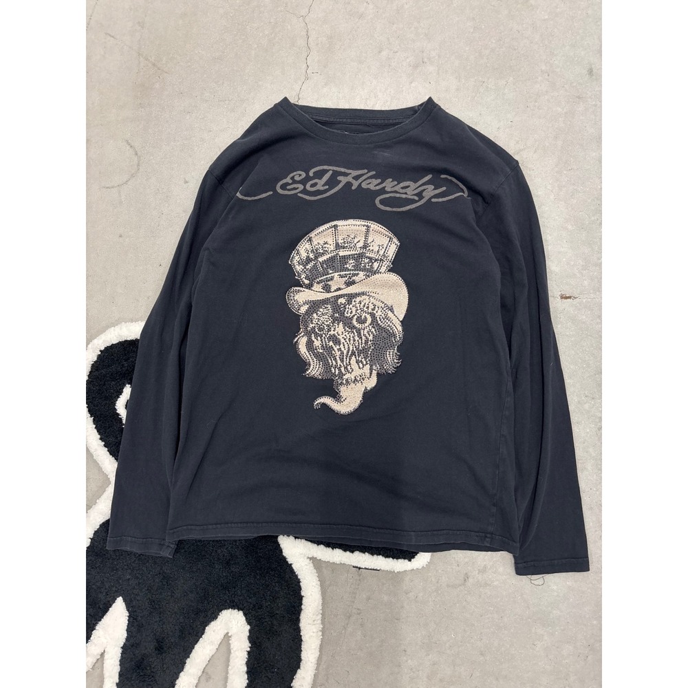 Ed Hardy Christian Audigier Rhinestone Uncle Sam Skull Long Sleeve Shirt Black L
